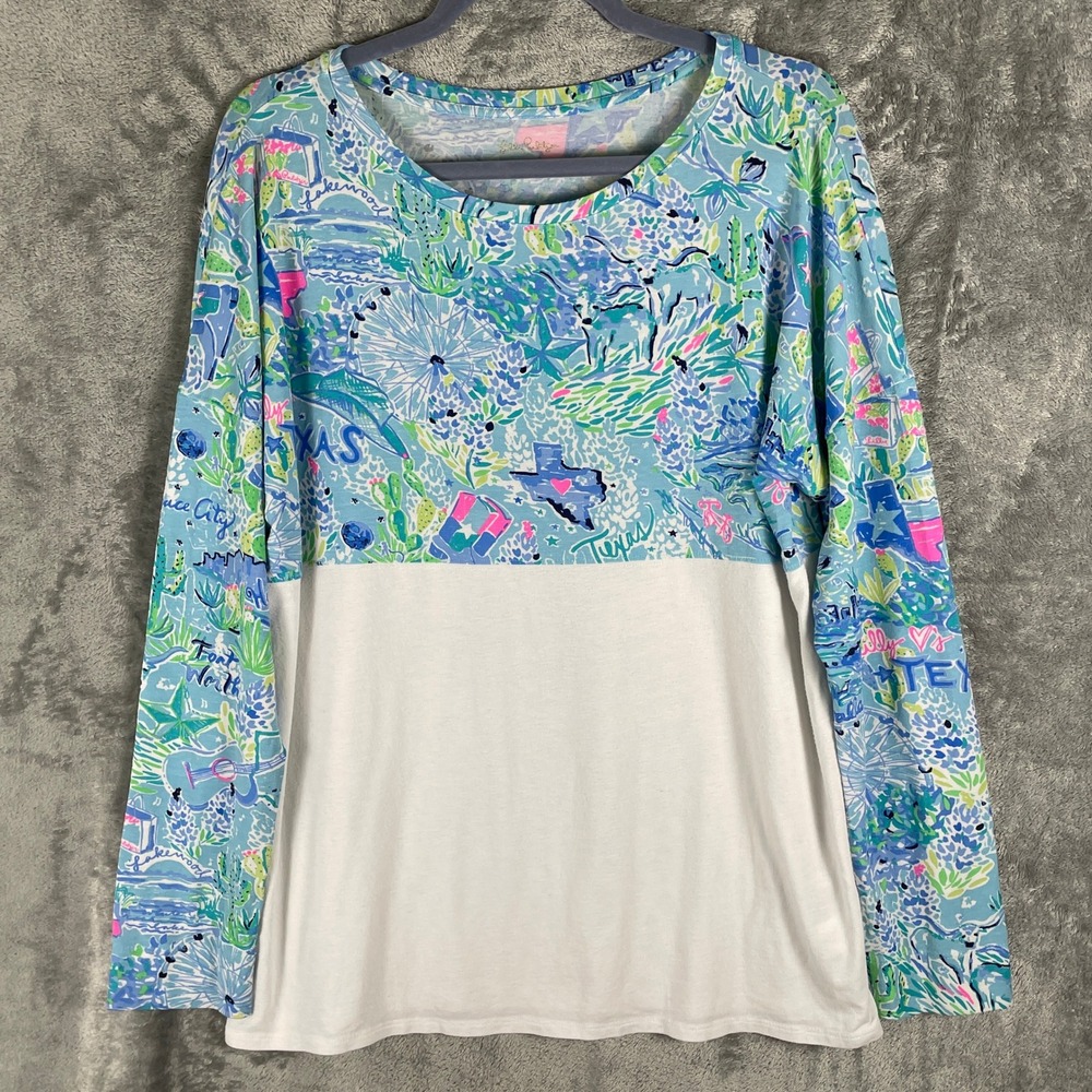 Lilly Pulitzer Texas State Print Long Sleeve Tee Womens L Blue White Good Spot